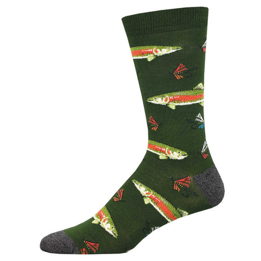A pair of green socks with a pattern of fish and fishing-related imagery.