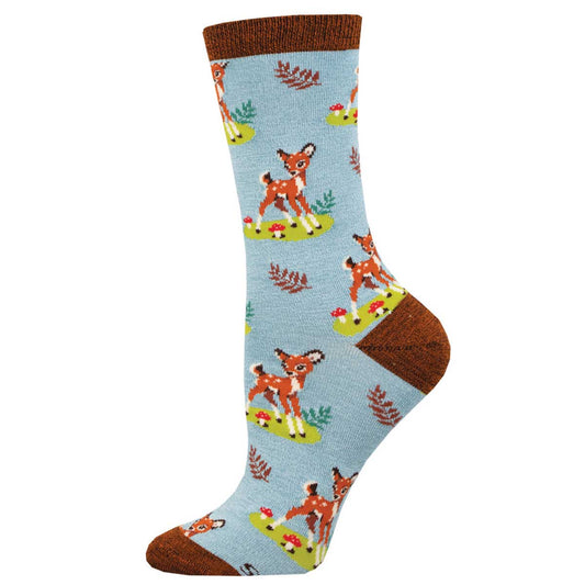 A pair of blue bamboo socks with a pattern of deer and leaves.