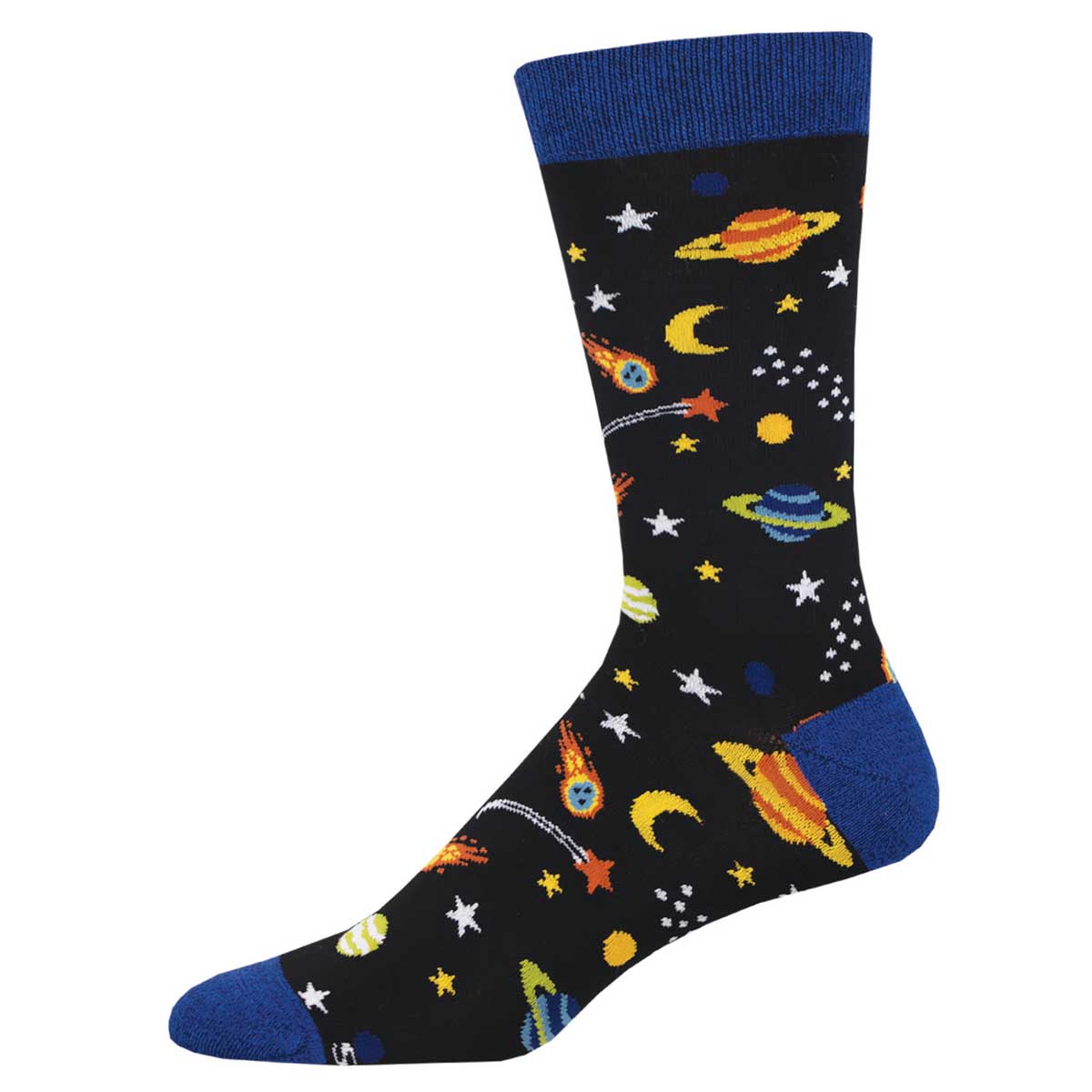 A pair of black bamboo socks with a space-themed pattern including planets, stars, and comets, with blue trim.