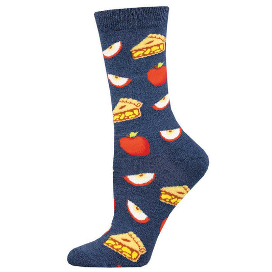 A pair of navy blue socks with a pattern of apple slices and apple pies.