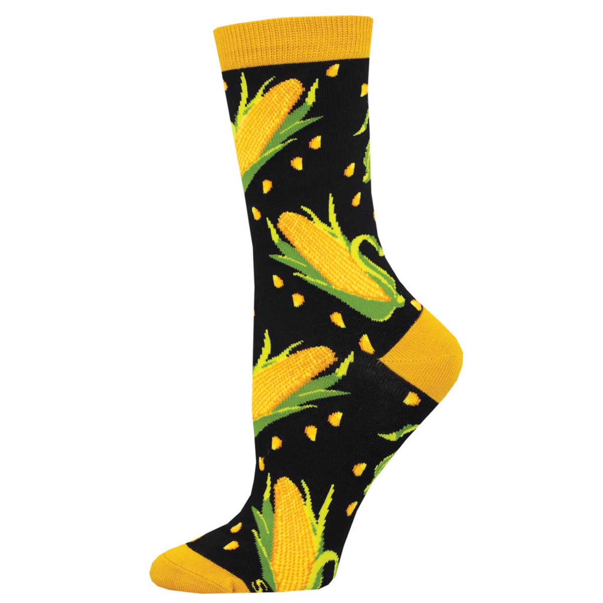 A pair of women's socks with a corn design on a black background, featuring yellow and green colors.