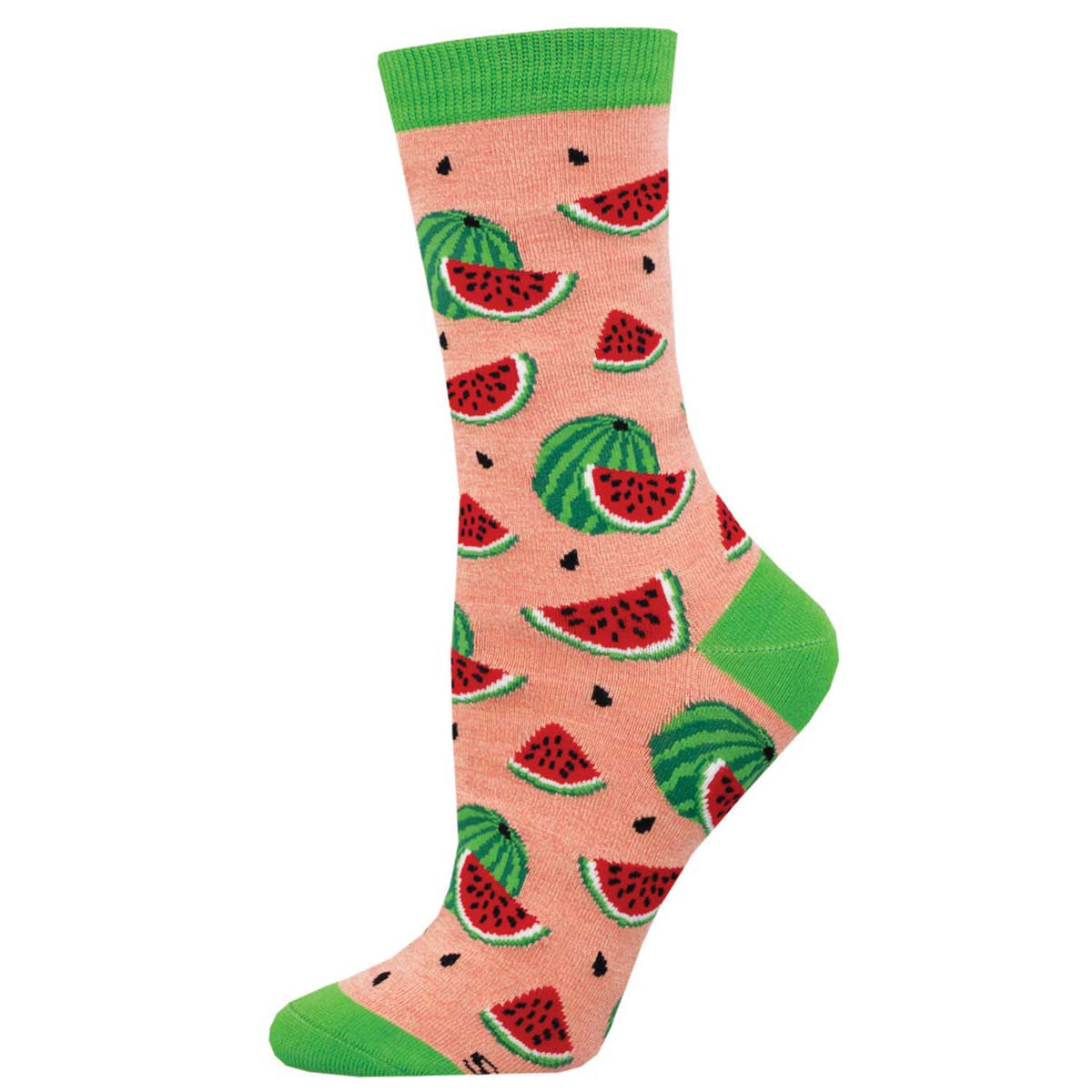 A pair of pink bamboo socks with a watermelon pattern and green trim.