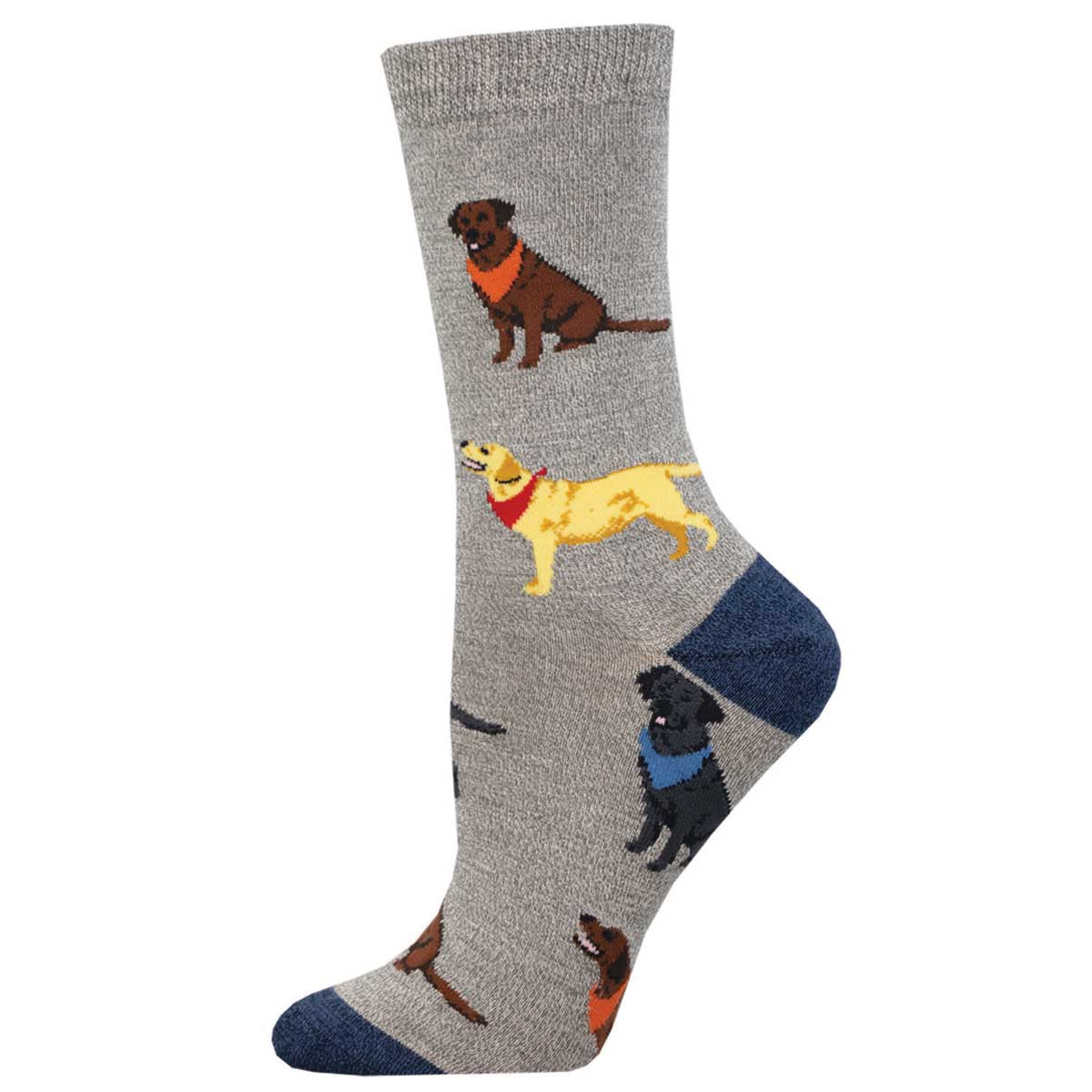 A pair of gray bamboo socks with illustrations of different colored labradors.