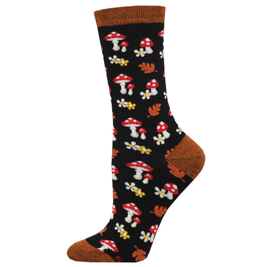 A black sock with a pattern of red and white mushrooms and brown accents on the cuffs.