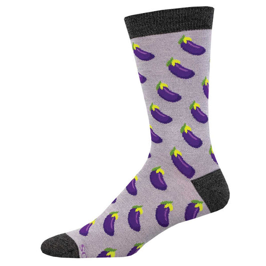 A pair of purple bamboo socks with a pattern of eggplants, displayed against a lavender background.