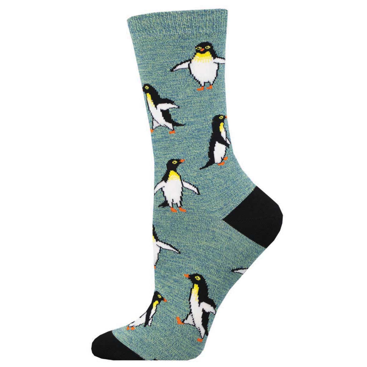 A pair of green socks with a pattern of white penguins waddling about.