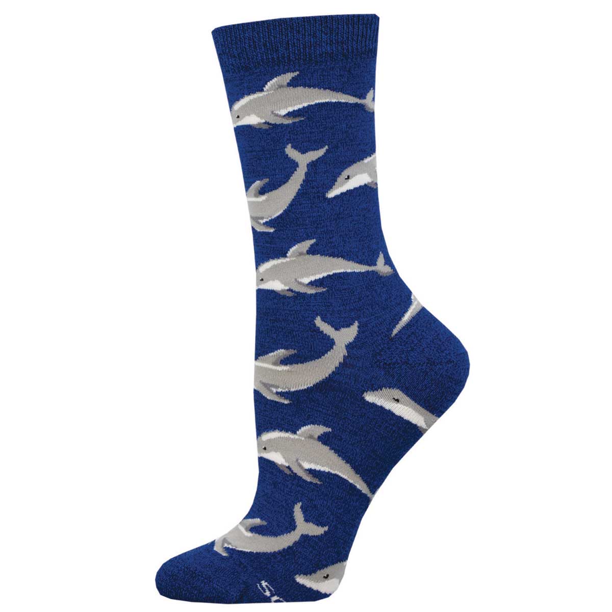 A pair of blue socks with a pattern of gray dolphins.