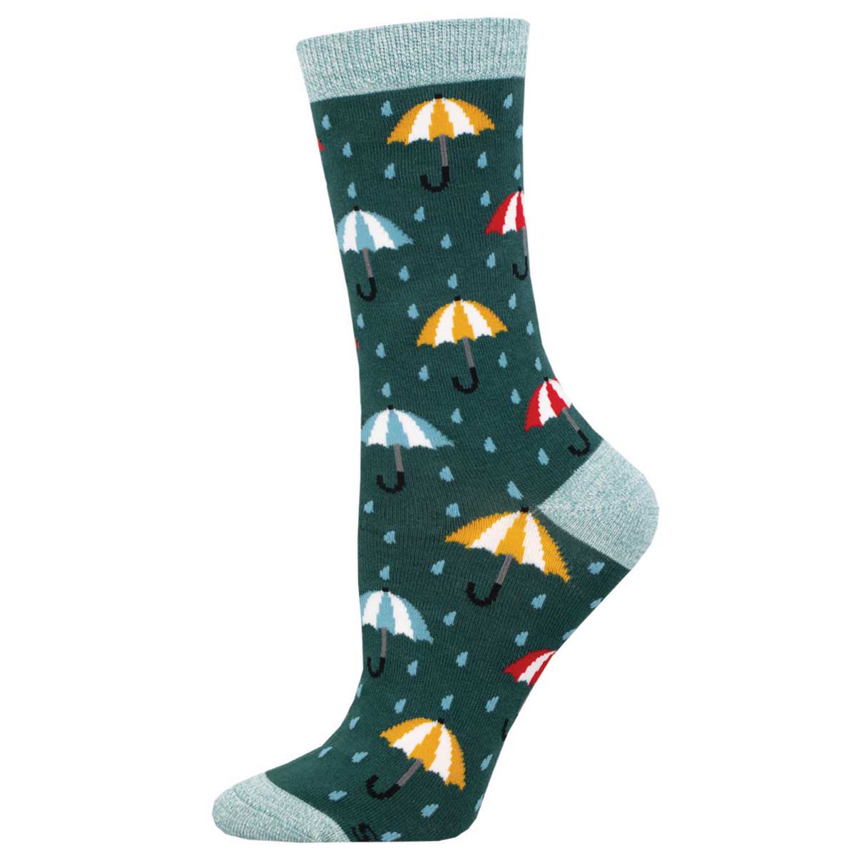 A pair of green socks with a pattern of colorful umbrellas and rain droplets.
