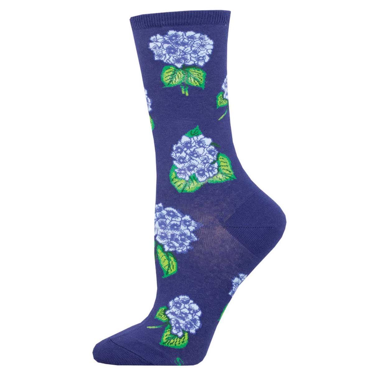 A navy blue sock with a pattern of blue hydrangea flowers and green leaves.