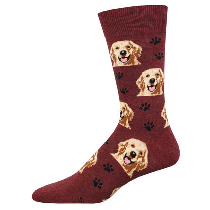 Men's Cotton Crew Socks - Golden Retriever Dog Pattern - Maroon - Socksmith