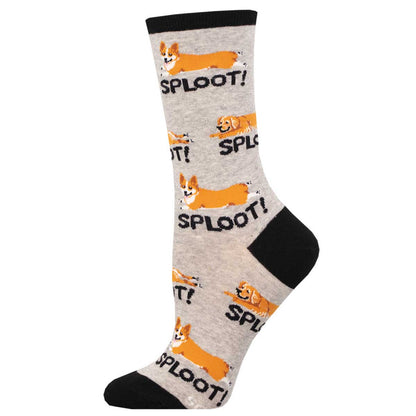 A pair of colorful socks with a pattern of corgi dogs and the word 'SPLOOT!' displayed across the shaft. The socks have a black heel and toe, and a black cuff  on a gray background with the continuation of the corgi and text pattern.