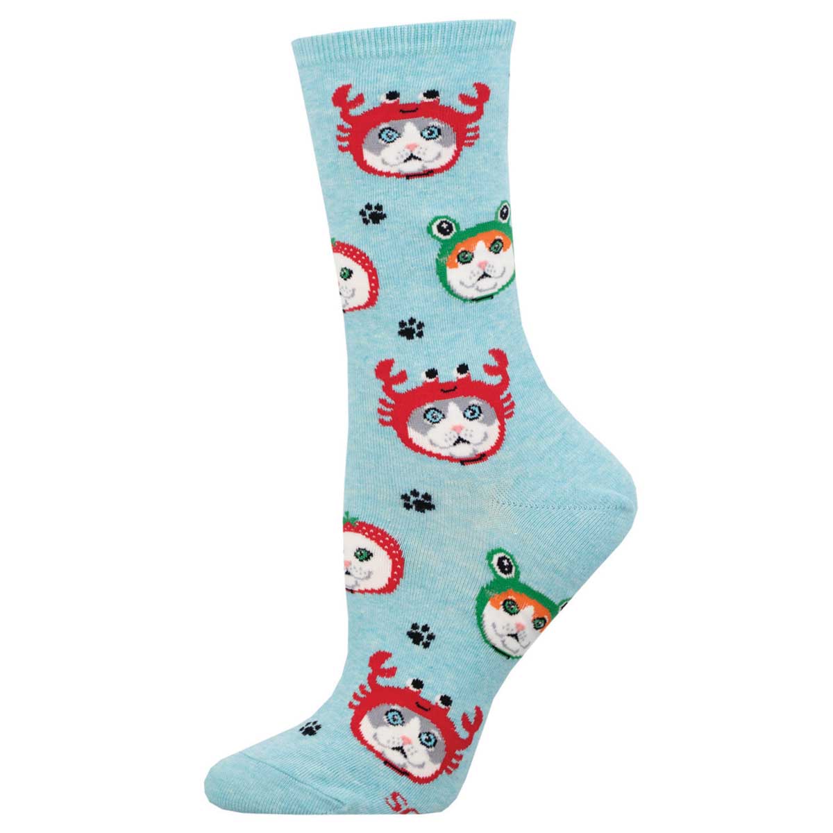 A pair of colorful women's socks with cat designs and various patterns on a light heather blue background.