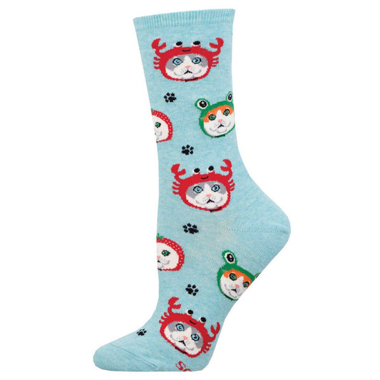 A pair of colorful women's socks with cat designs and various patterns on a light heather blue background.