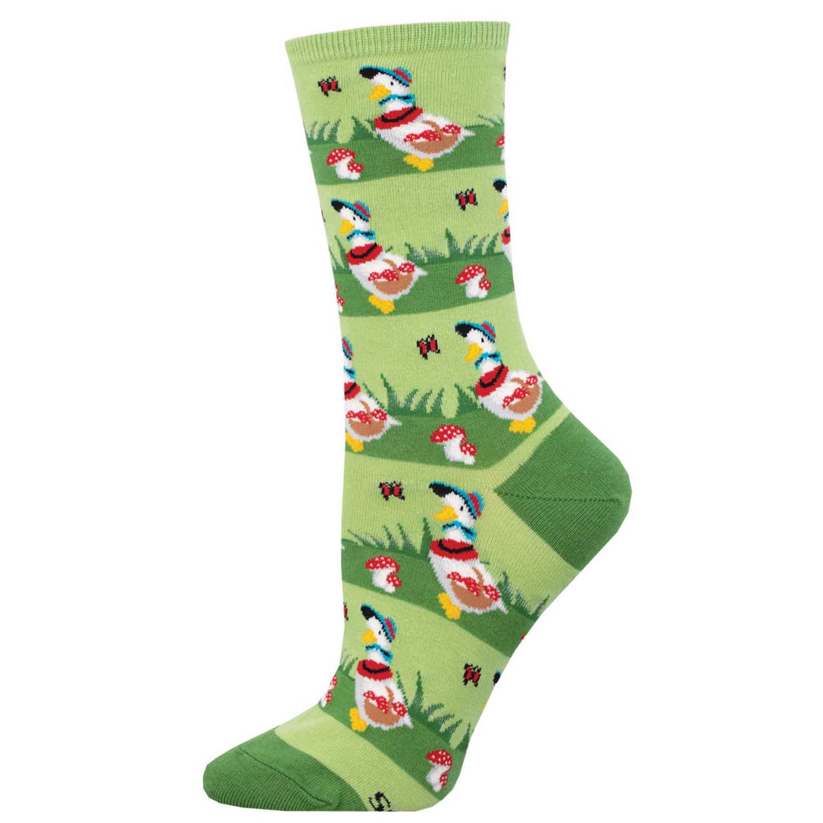 A pair of green crew socks with a pattern of colorful geese.