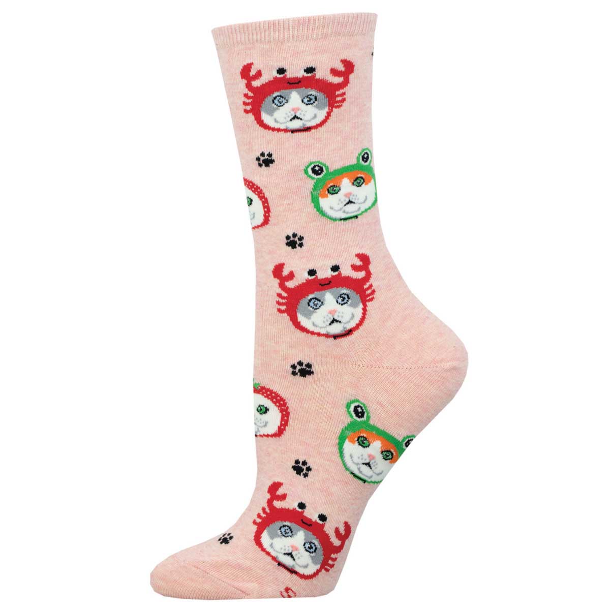 A pair of colorful women's socks with cat designs and various patterns on a heather pink background.