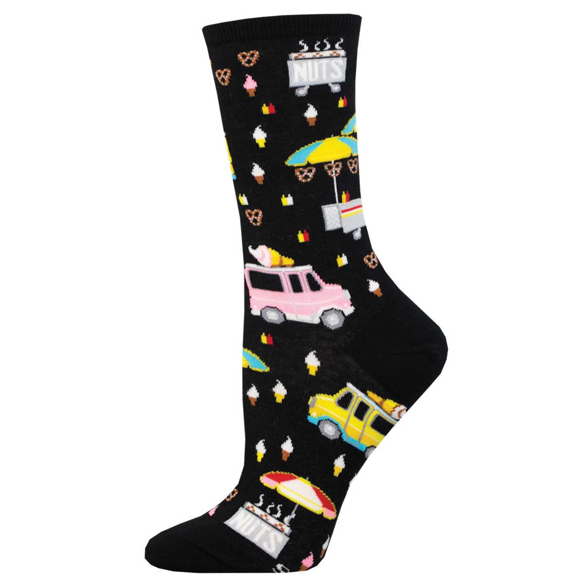 A pair of black crew socks with a variety of food vendors and street food illustrations, including a hot dog stand, ice cream truck, and a pink food cart.