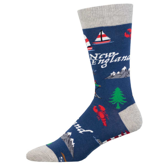 A pair of blue cotton crew socks with New England motifs including a lobster, lighthouse, and sailboat.