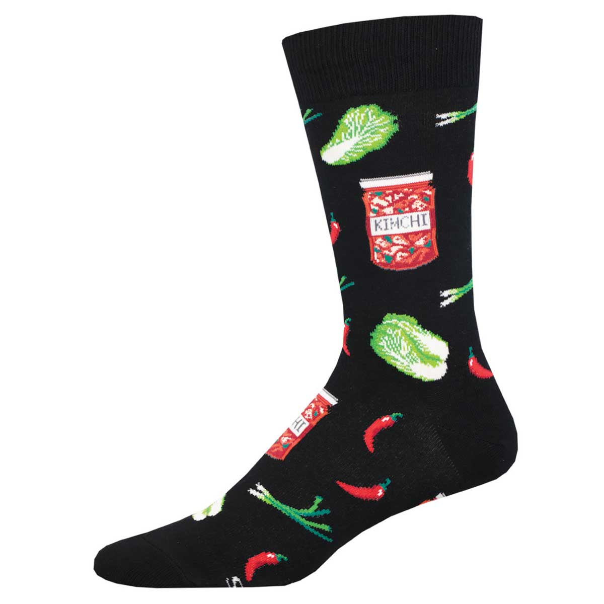A pair of black crew socks with a pattern of various food items, including vegetables and condiments.