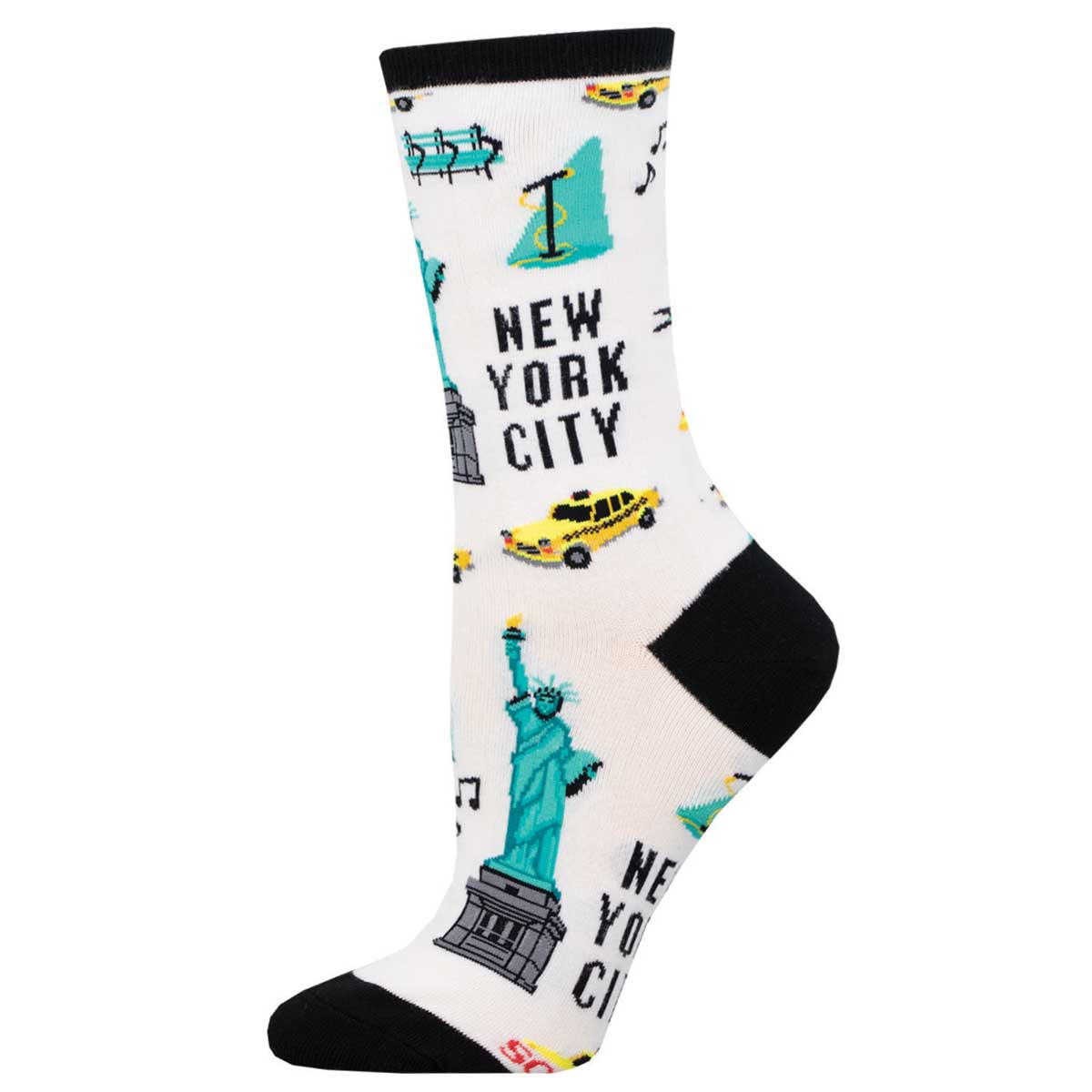 A pair of white cotton crew socks with New York City-themed patterns including the Statue of Liberty and the Empire State Building.