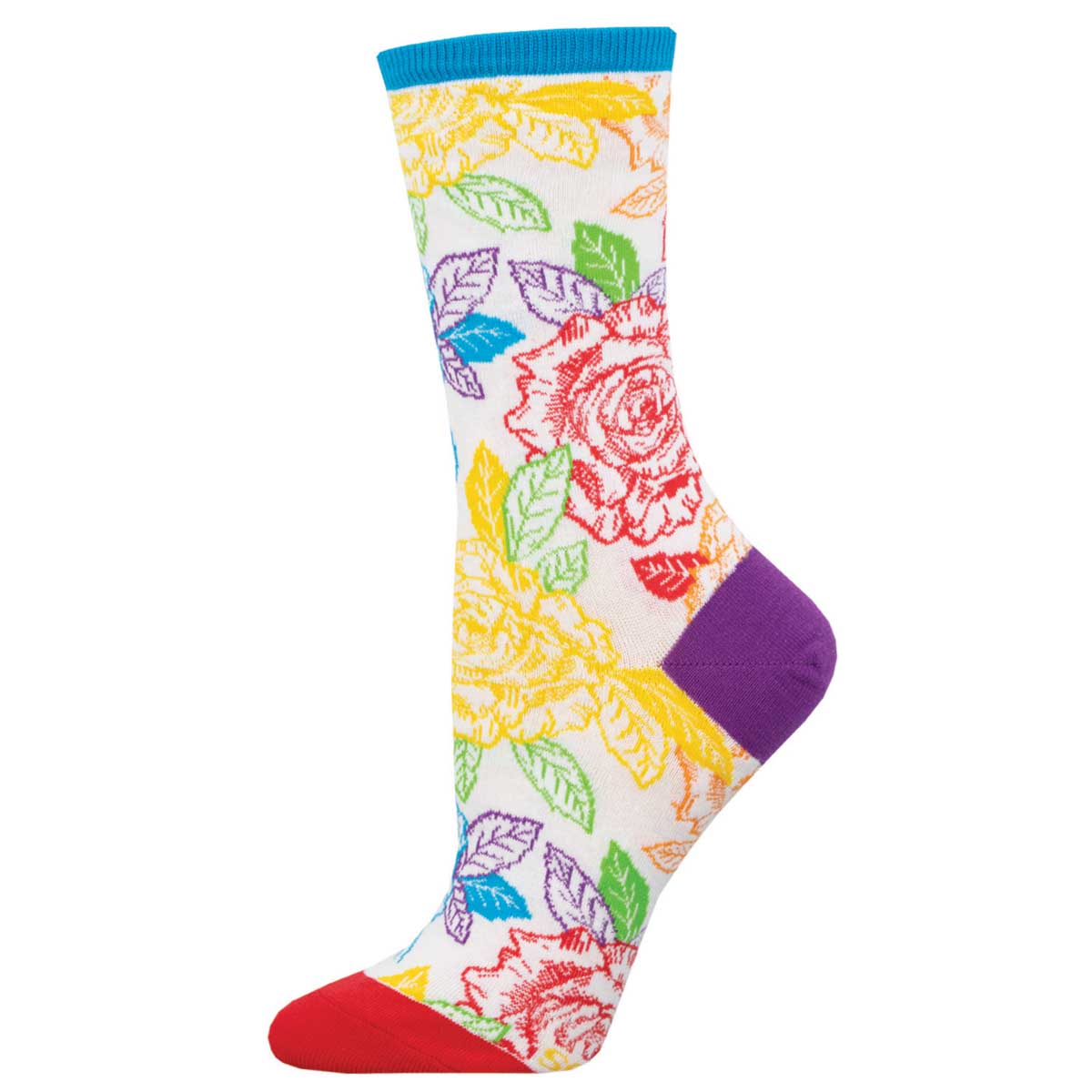 A pair of colorful floral patterned cotton crew socks with a white base and contrasting heels and toes in red and blue.
