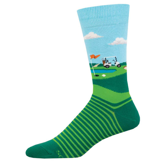A pair of colorful crew socks featuring a pattern that includes a golf course, a golf cart, and other playful elements.