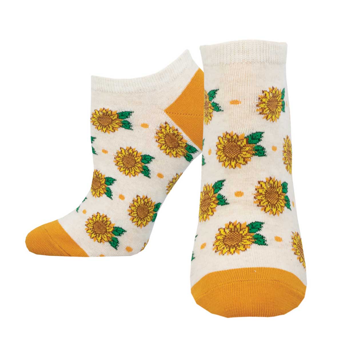 A pair of ivory socks with a pattern of yellow sunflowers and green leaves, featuring yellow heel and toe caps.