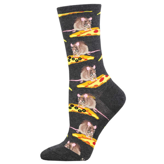 A pair of women's socks with a pattern of rats on pizza slices against a dark background.