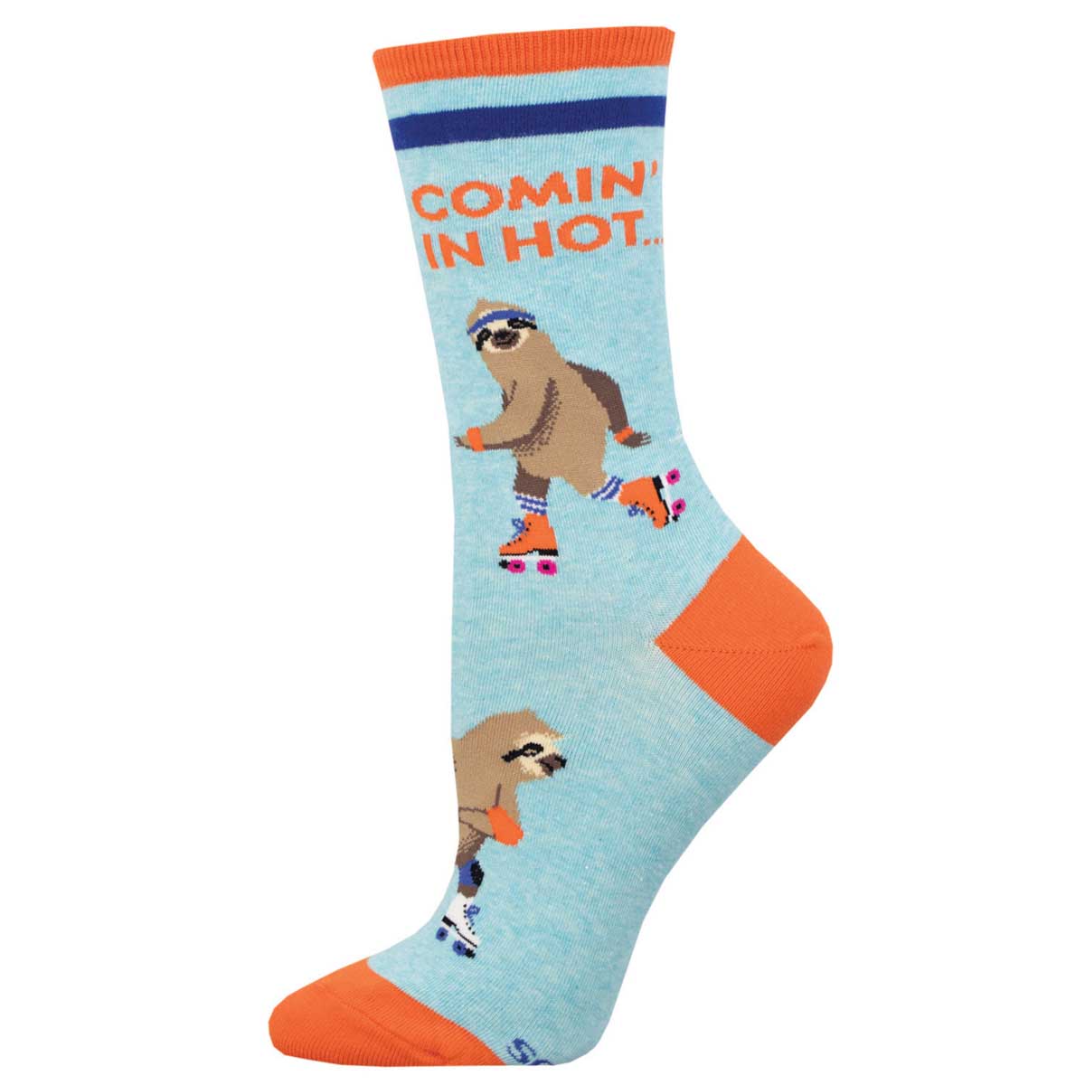 A pair of women's crew socks with a sloth in roller skates design, primarily in blue and featuring text 'COMING IN HOT'.