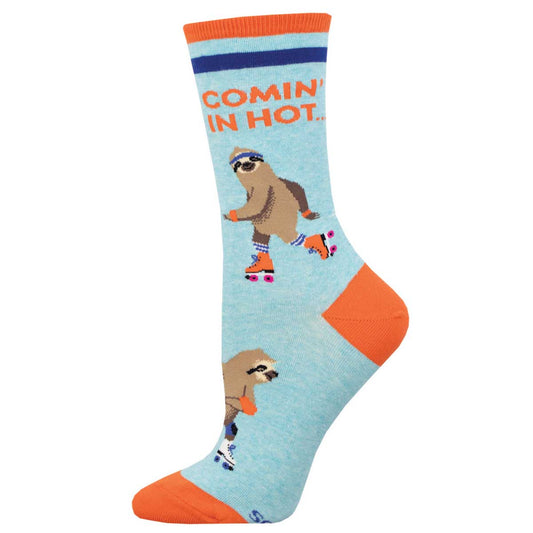A pair of women's crew socks with a sloth in roller skates design, primarily in blue and featuring text 'COMING IN HOT'.
