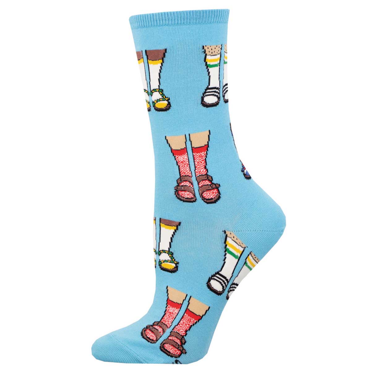 A pair of blue cotton crew socks with a pattern of feet wearing various colorful socks and sandals.