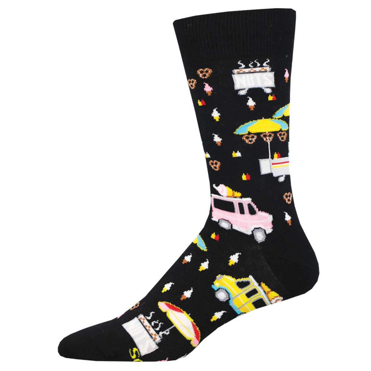 A pair of black crew socks with a pattern featuring various street food vendors and vehicles.