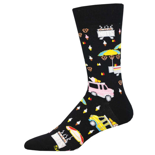 A pair of black crew socks with a pattern featuring various street food vendors and vehicles.