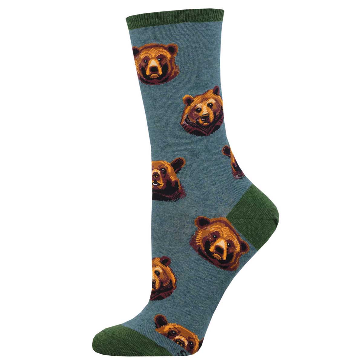 A pair of blue cotton crew socks with a pattern of bear faces and green accents.