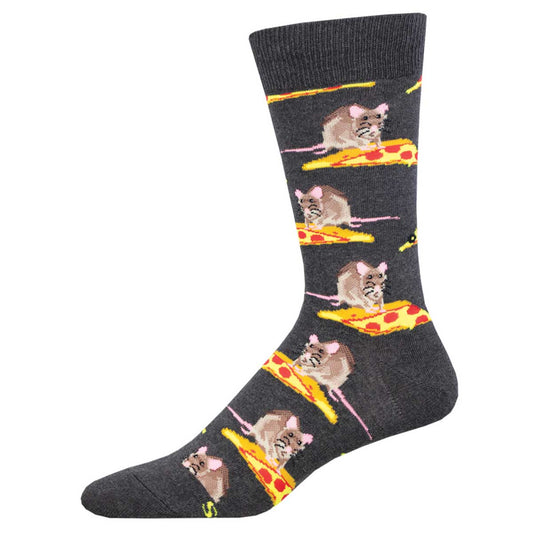 A pair of gray crew socks with a pattern of mice on pizza slices against a yellow background.