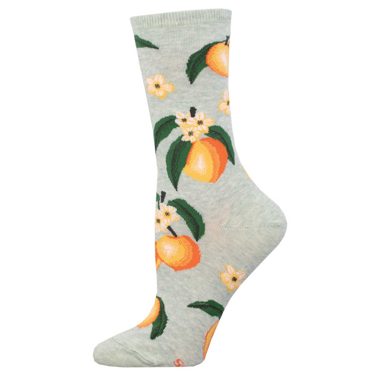 A pair of women's socks with a pattern of peaches and peach blossoms on a gray background.