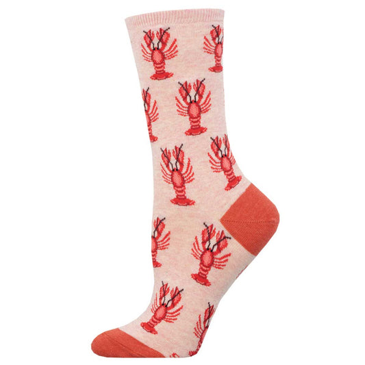 A pair of pink crew socks with a pattern of red lobsters.