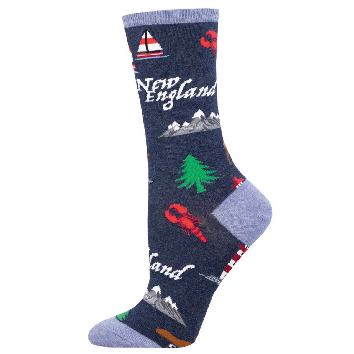 A pair of blue cotton crew socks with New England-themed patterns including a lobster, mountains, and foliage.