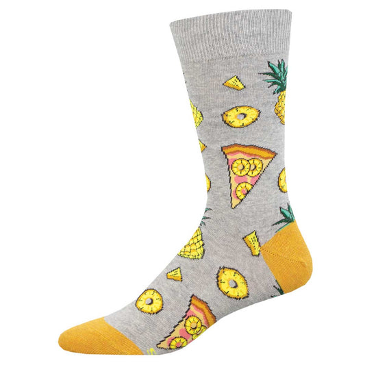 A pair of men's socks with a pattern of pizza slices and pineapples on a grey background with yellow tips on the toes and heel.