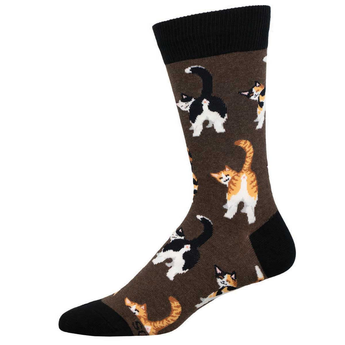 Men's Cotton Crew Socks - Funny Cat Butts Design - Brown and Black - Socksmith