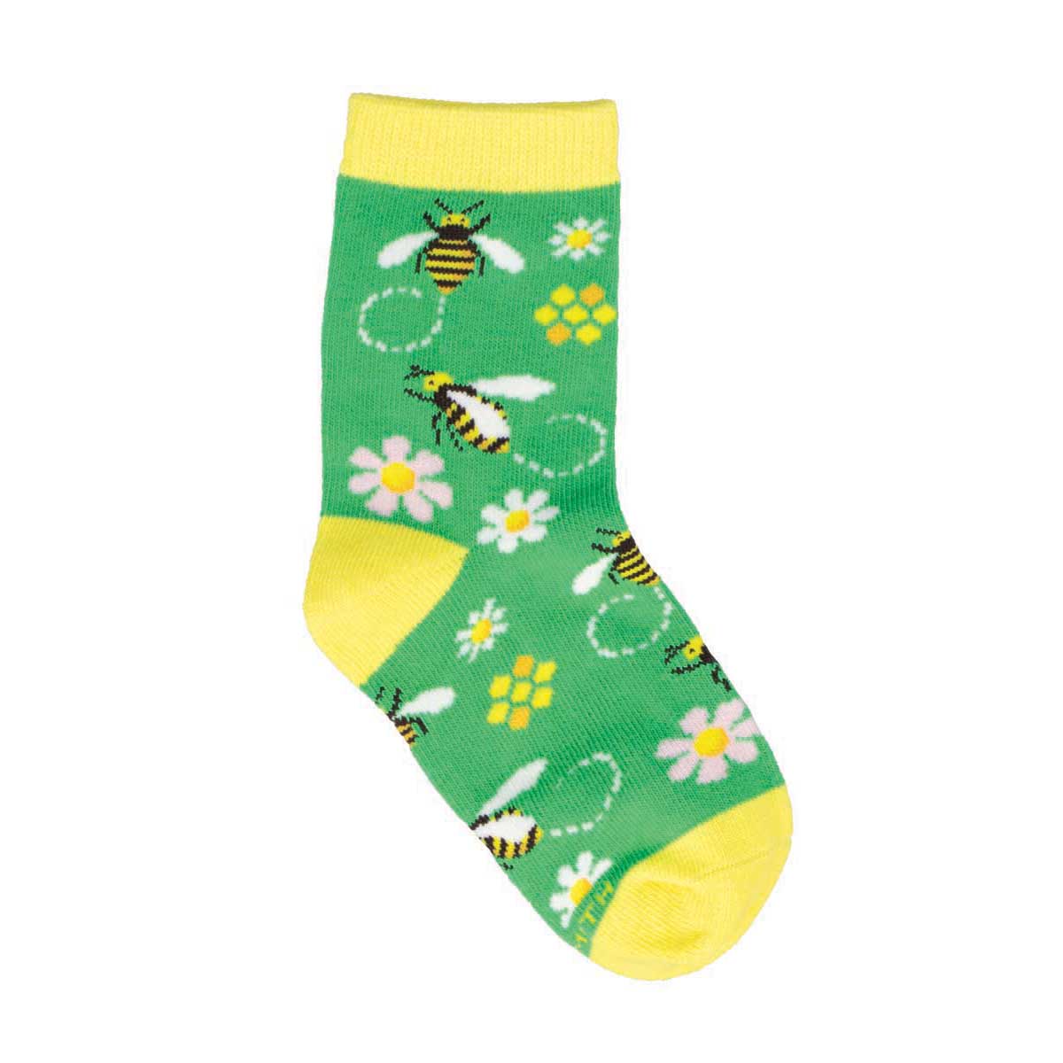 A green sock with a pattern of bees, flowers, and yellow accents designed for children.