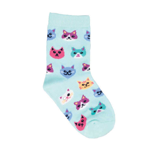 A pair of colorful socks with various animal face patterns, predominantly in blue tones, designed for kids.