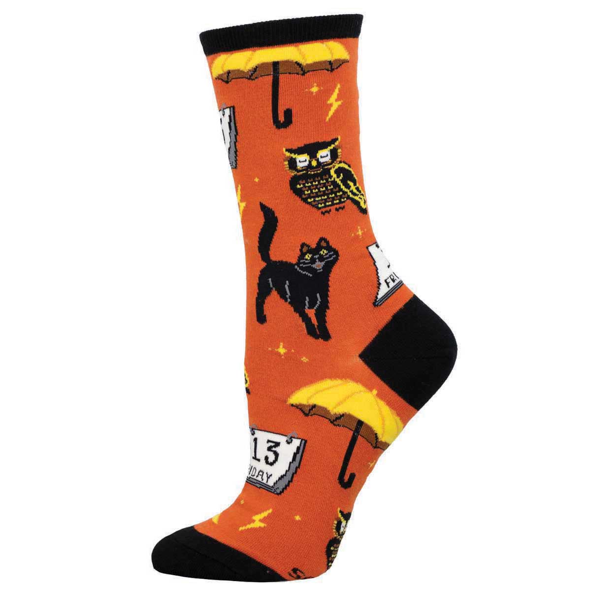 Orange Halloween themed sock with black cat, owl, and lightning bolt design