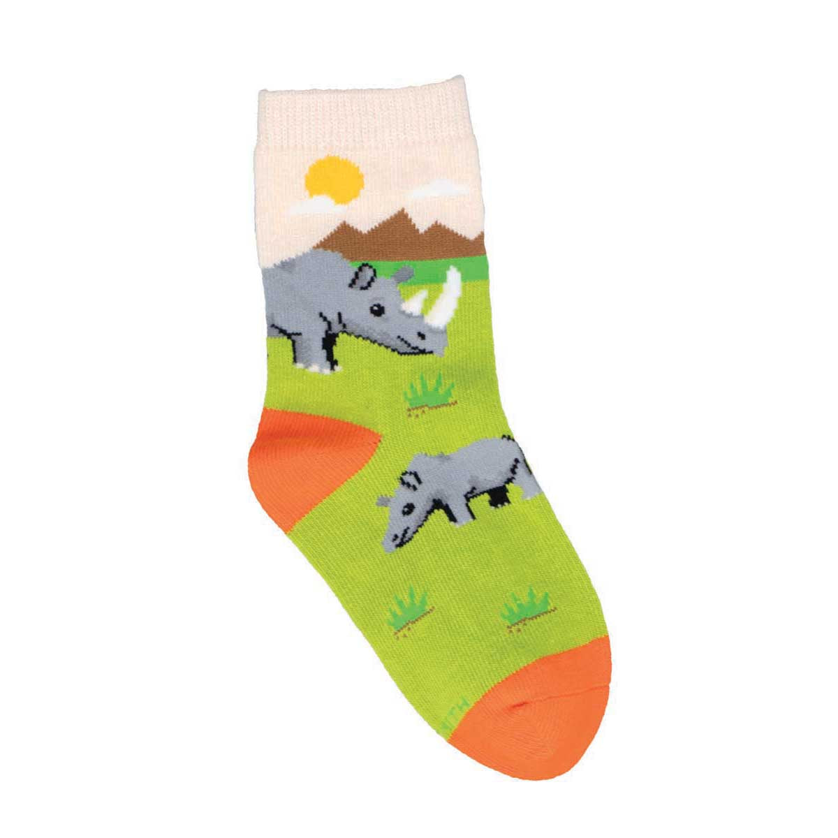 Children's socks with a cartoon rhino design on a green background, featuring a rhino, sun, and mountain landscape.