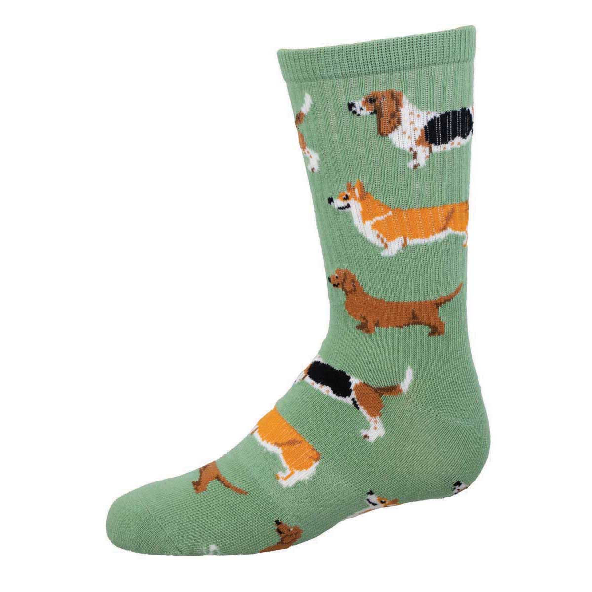 A green sock with various cartoon dogs in different colors and poses.