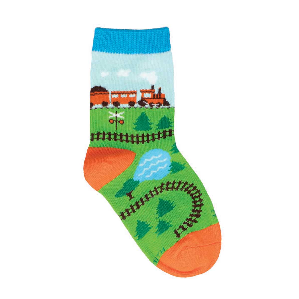 A colorful pair of children's socks with a train track and train design on the top, featuring green, blue, and orange colors.