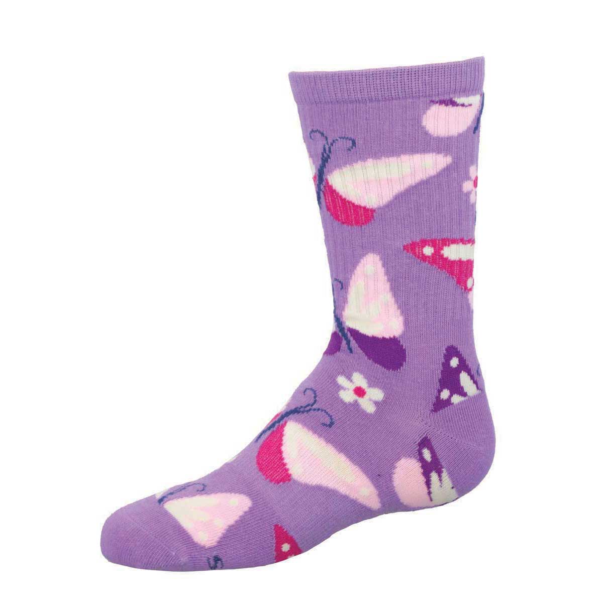 A purple sock with a pattern of pink and red butterflies, suitable for children.