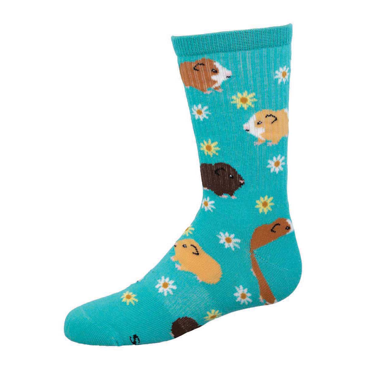 A colorful sock with a pattern of guinea pigs and flowers on a teal background.