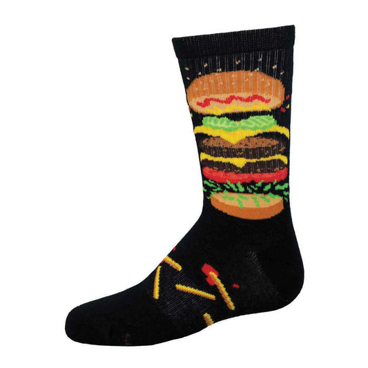 A pair of kids' socks with a burger design on a black background.