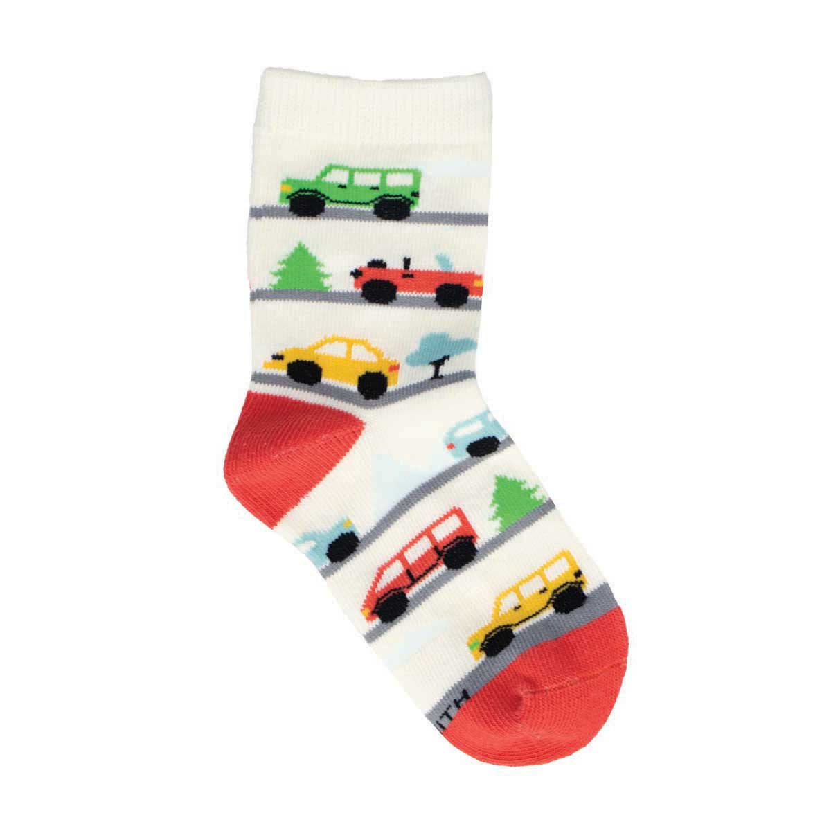 A colorful children's sock with a pattern of cartoon cars on a white background.