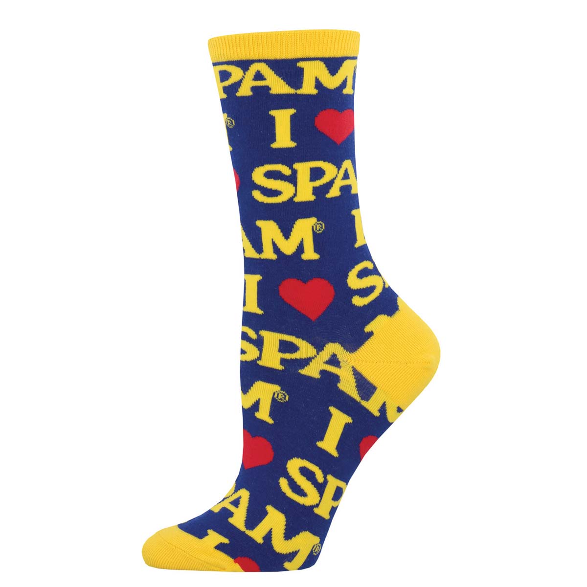 Women's Cotton Crew Socks - I Heart SPAM Design - Blue and Yellow - Socksmith